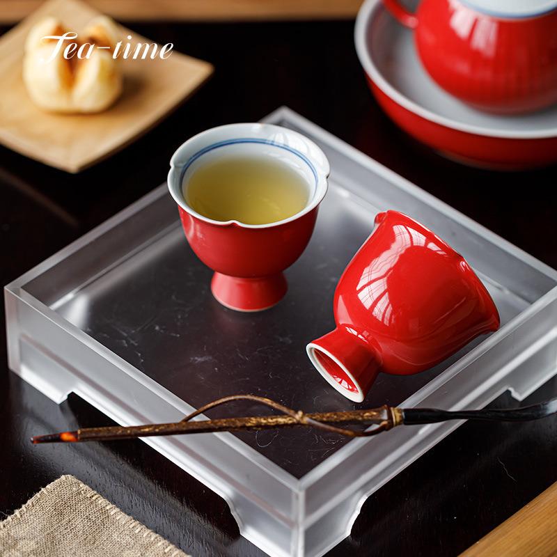 Hand Painted Double-Line Ceramic Tea Cup Forbidden City Red  Waist Tea Cups High-foot Teacups Mate Puera Unusual Porcelain Maker