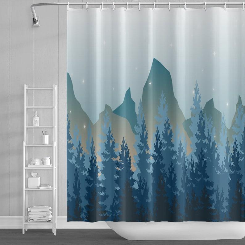 Mountain Shower Curtain,Misty Forest Tree Foggy Shower Curtain, Cool Nature Scenery Landscape Bathtub Decoration Size W*H W90XH180cm