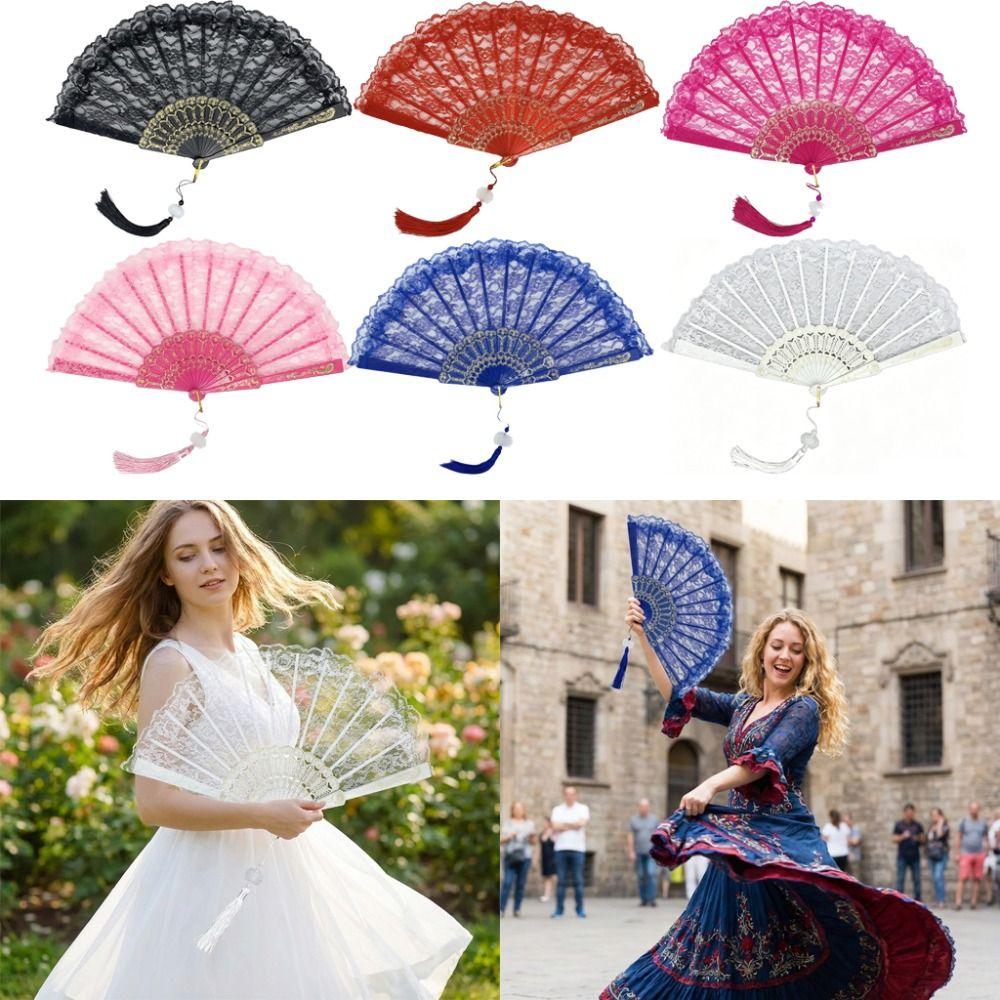 Abanico Plegable de Encaje Vintage Estampado en Caliente con Borla Abanico de Mano para Danza Accesorios de Actuación