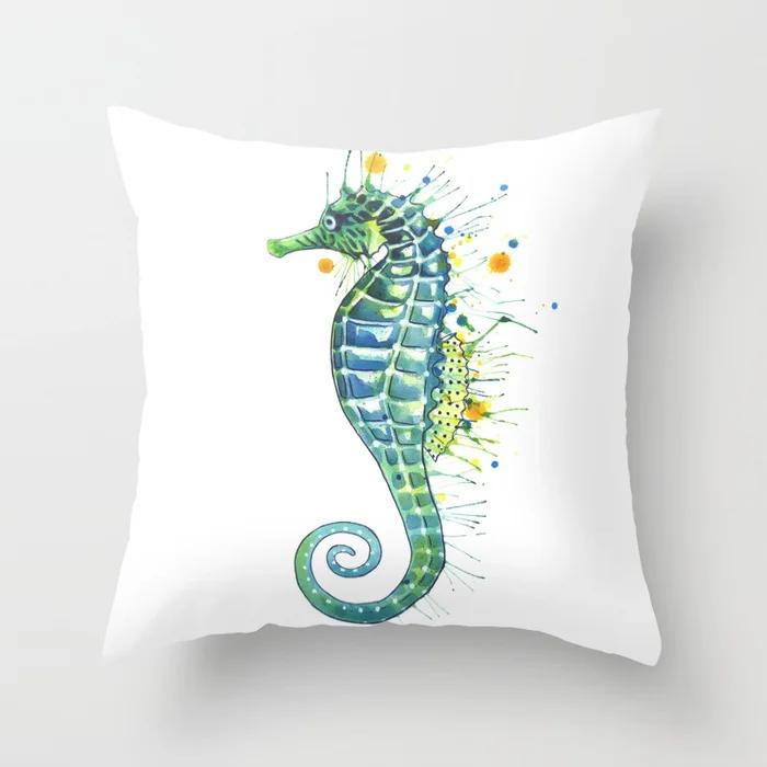 Watercolor Ocean Theme Pillowcase Starfish Octopus Mermaid Crab Cushion Cover Home Sofa Bedroom Decoration  Ornament