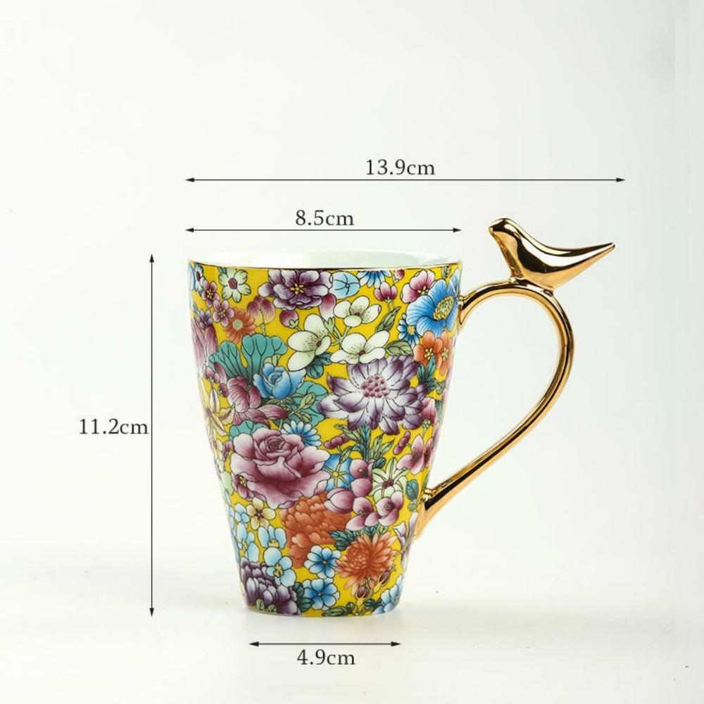 Enamel Painted Gold Porcelain Mug Flower Pattern Ceramic Mug Coffee Cup With Bird Handle Retro Gold Painting 301-400ml