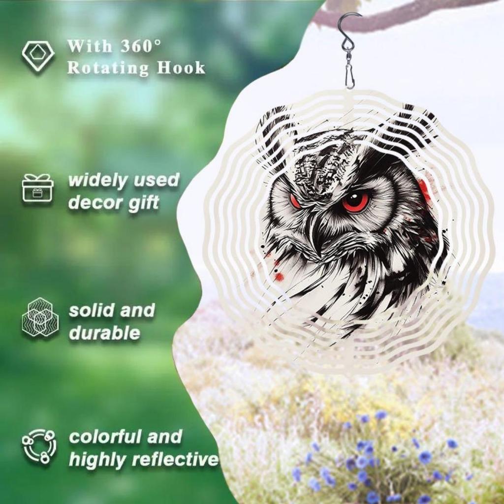 3D Eule Windspiel mit drehbarem Haken Skizzenkunst Design für Außengarten Hof Dekor Erntedankfest Weihnachtsfeiertagsdekoration