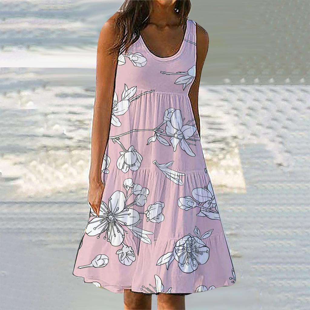 Women's Summer Floral Print Beach Dress Round Neck Sleeveless Dress
