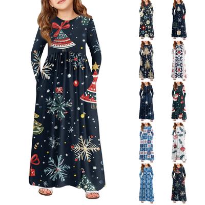 Girls' Maxi Dress - Long Sleeve Pocket Dress Christmas Day