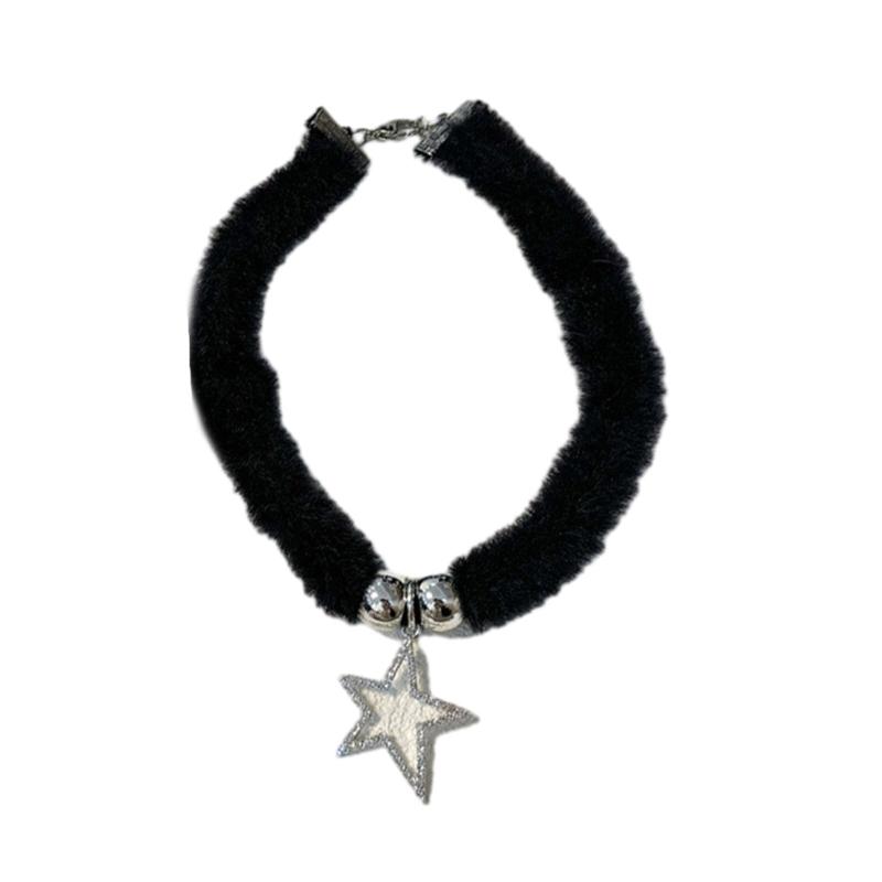 Soft Necklace Star/Round Bead Collarbone Chain Elegant Black Plush Neckchain Choker Pentagrams Accessory for Women