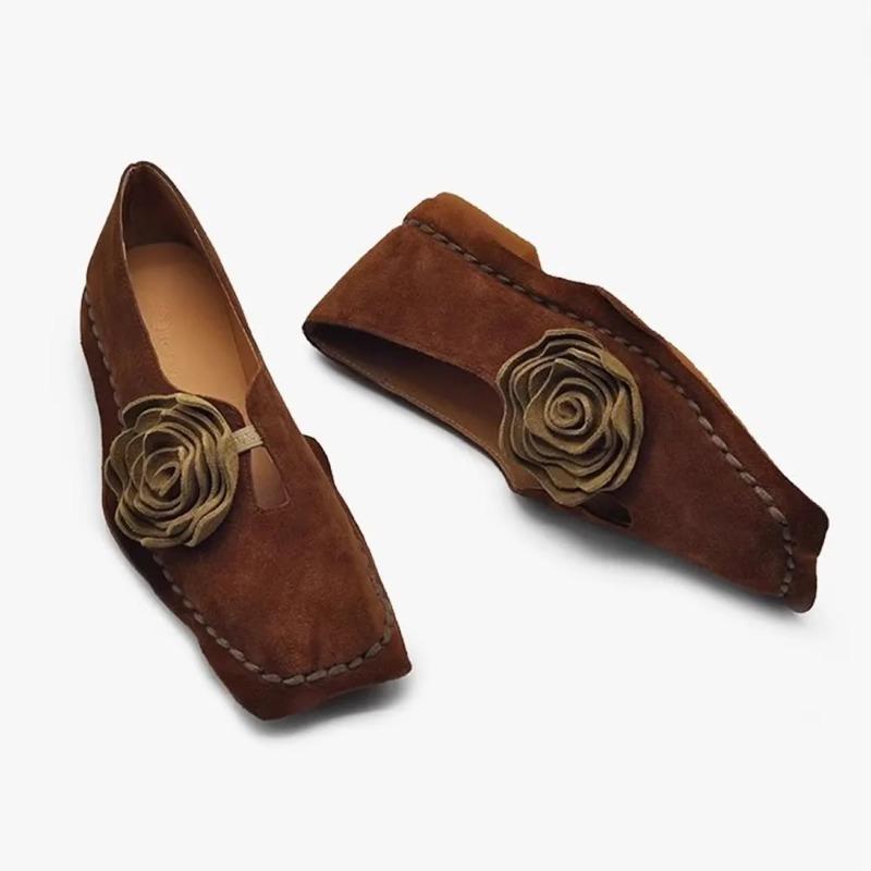 Car Stitch Flat Shoes Women's Spring Autumn Retro Niche Flower Square Toe Deep Mouth Soft Sole Single Shoes