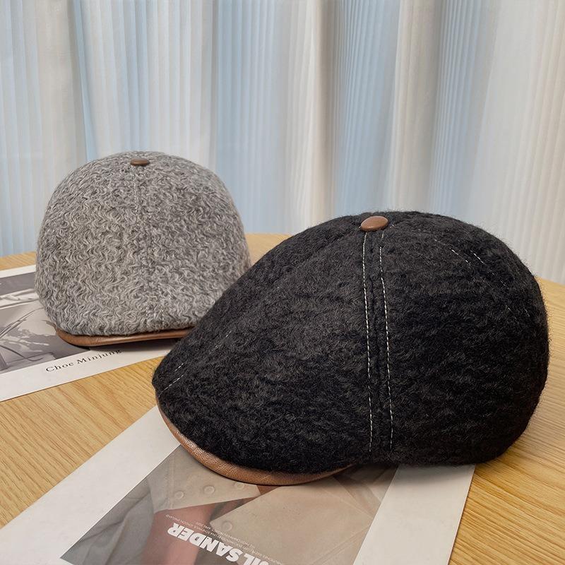 Woolen forward hat women's autumn and winter solid color retro versatile duck tongue newsboy hat warm face small painter hat