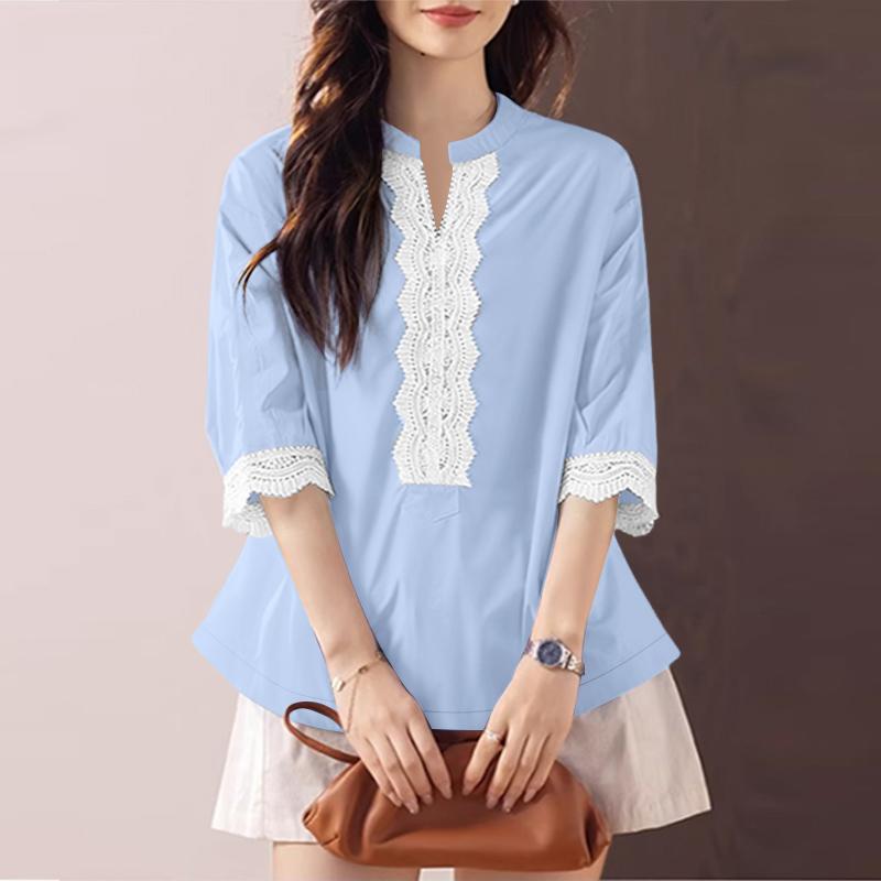 ZANZEA Women Casual Lace Patchwork V-Neck 3/4 Sleeve Blouse