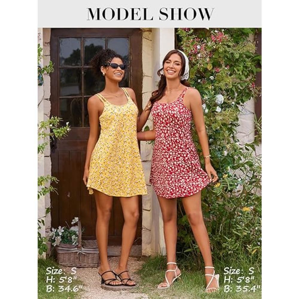 CHARMLEAKS Womens Summer Dresses with Built in Bra Double Spaghetti Strap Beach Dress Scoop Neck Sundresses with Pockets