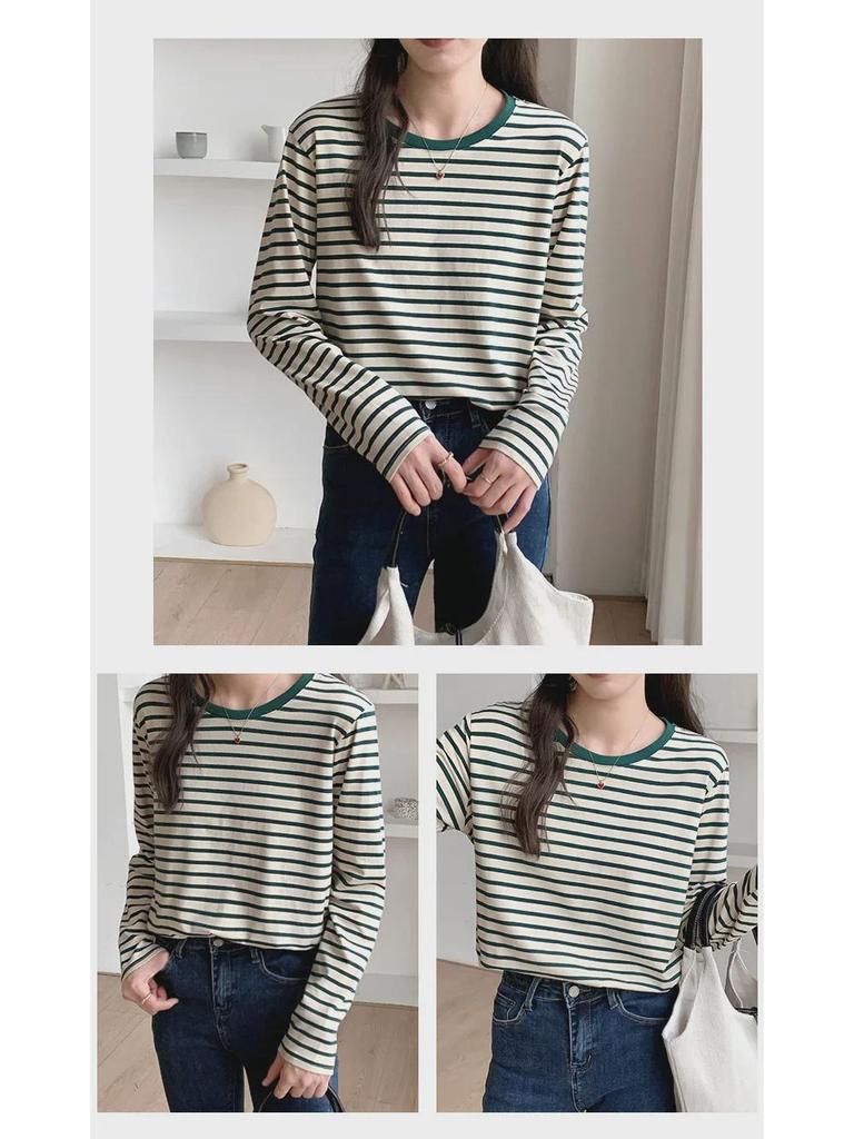 Women's Spring 2025 Green Striped Long-Sleeve Round Neck T-Shirt: Loose-Fit, Slim-Style, Commuting Top