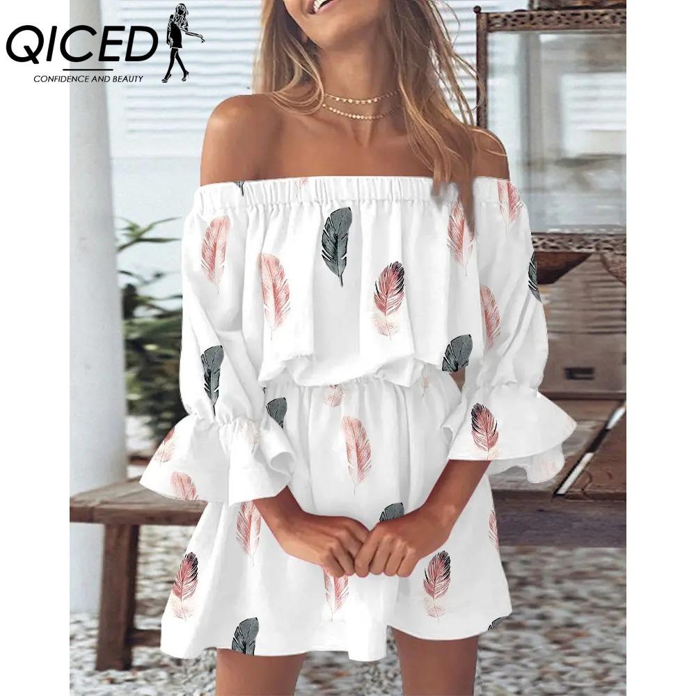 QICED Women Floral Print Mini Dress Summer Sexy Off Shoulder Flare Sleeve Tunic Dress Female Casual Boho Beach Dress