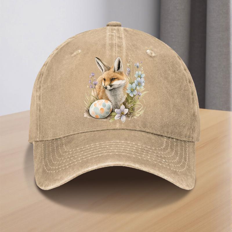 

Easter Fox with Pastel Egg Baseball Cap Unisex Polyester Casual Adjustable Hat One Size