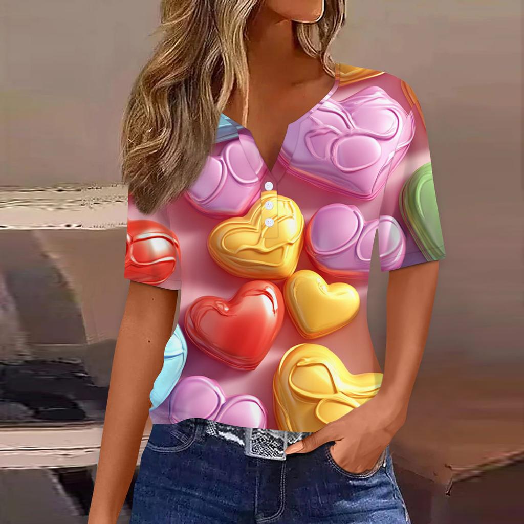 Damen T-Shirt Tee Print Knopf Kurzarm Täglich Wochenende Mode Basic V-Ausschnitt Regulär Oberteil Valentinstag