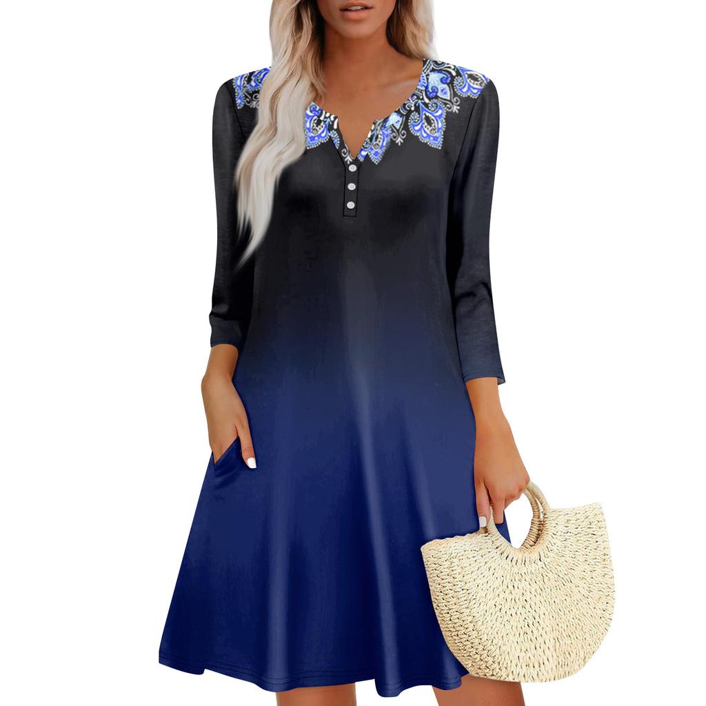 Women's Summer Dress Loose V Neck Three-quarter Sleeve Sundress With Pockets Dress