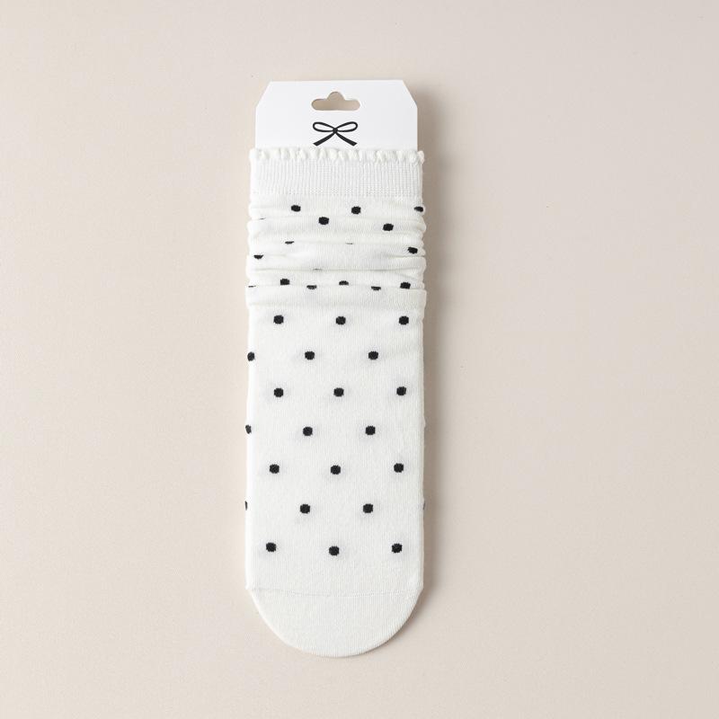 5/10 Pairs Comfortable Casual Polka Dot Socks for Women Mid Calf Socks with Ear Shaped Edges and Polka Dot Lace Breathable Cotton Long Socks