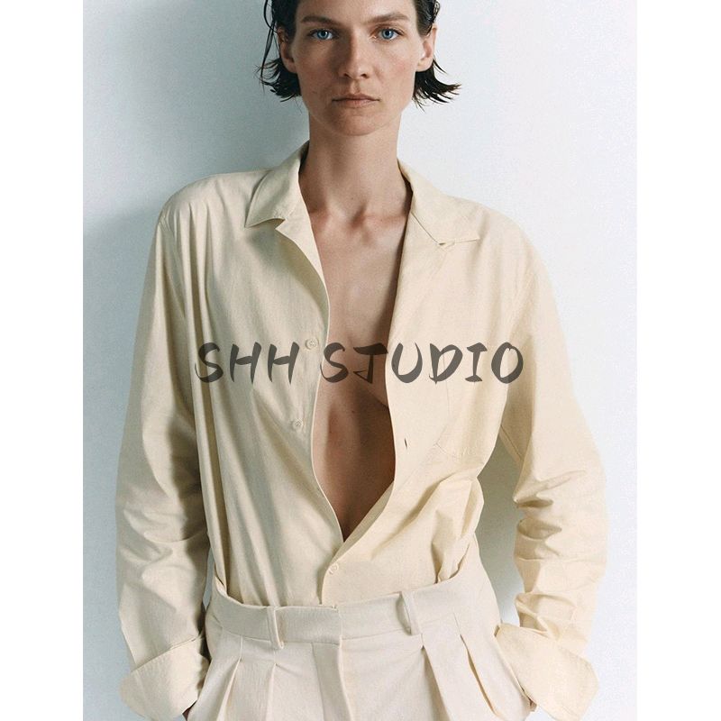 Spring New Women's Clothing Commute Style Lapel Long Sleeves Pocket Decoration Cotton Simple All-Matching Shirt 2360111