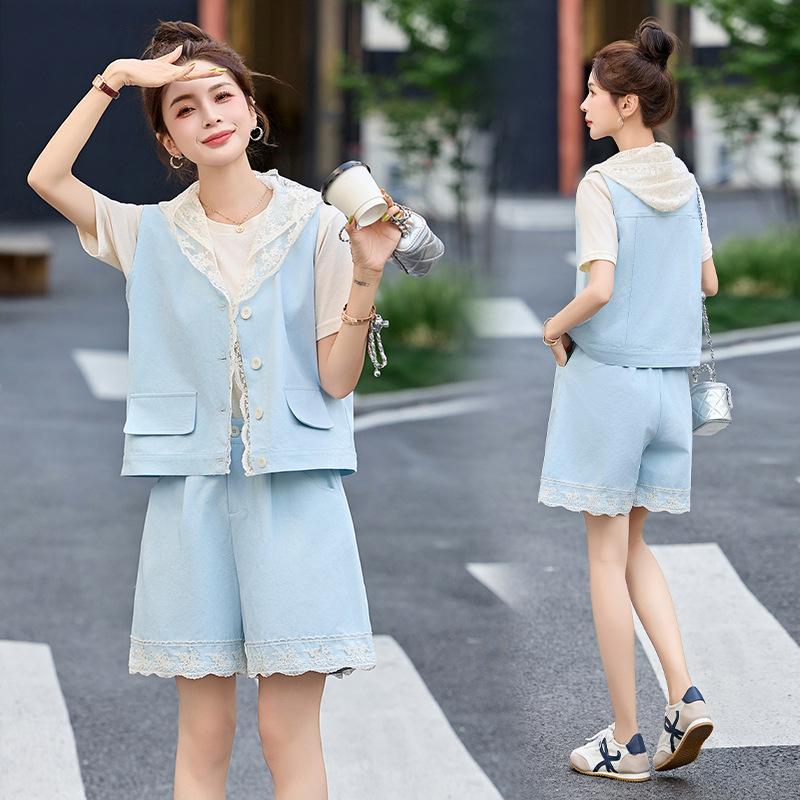 

Джинсовый костюм без рукавов, летний женский джинсовый модный повседневный комплект из трех предметов с кружевной отделкой и джинсовыми шортами XXL