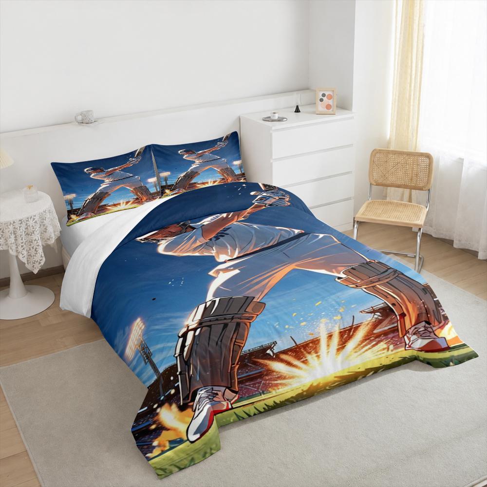 Cricket Batsman Anime Style Bedding set (1 duvet cover, 2 pillowcases, duvet not included), Night Stadium Sports Art Print