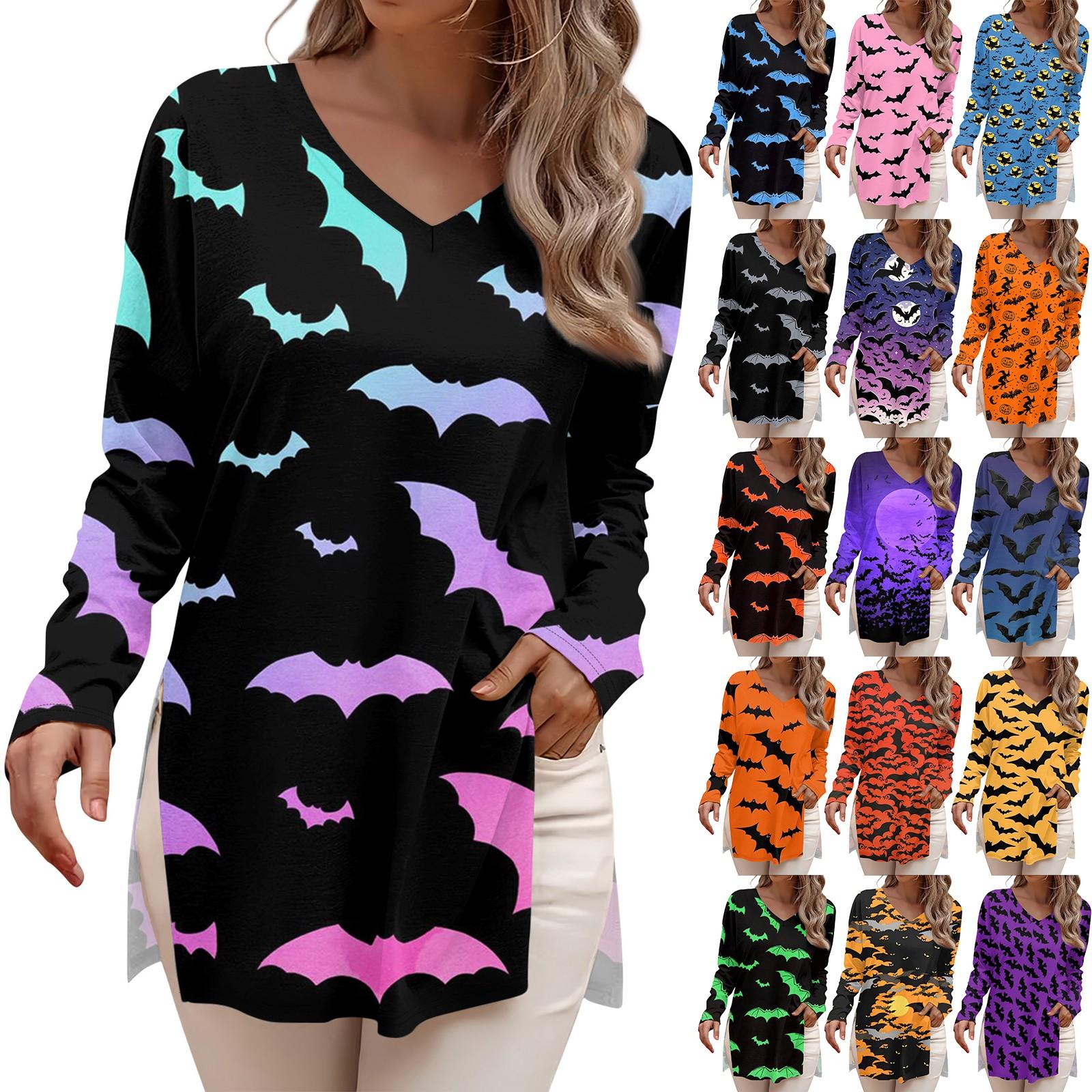 

Женская мода рубашки с длинным рукавом Хэллоуин принт свободные облегающие V-образный вырез базовые топы повседневные наряды XXL