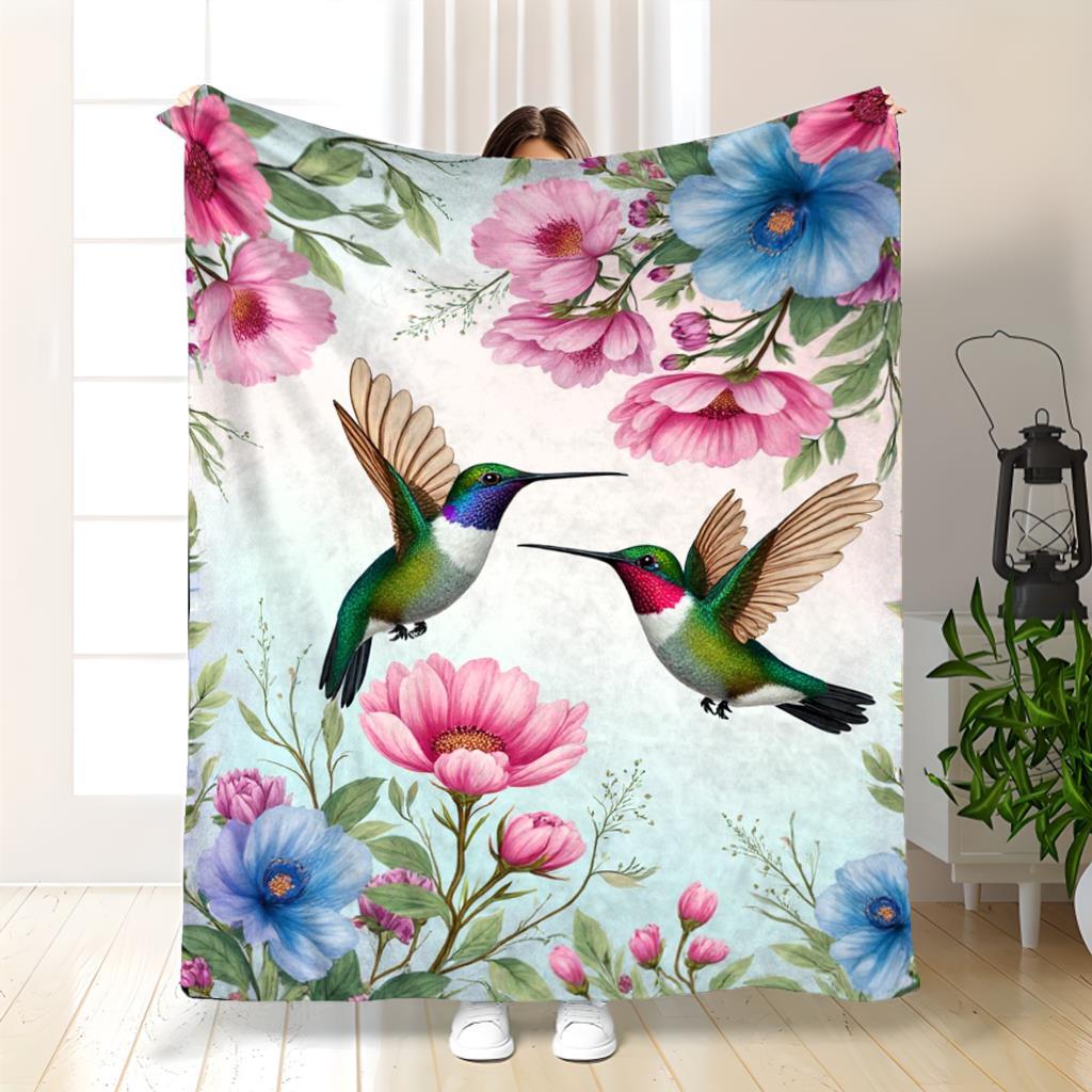 Pink Blue Hummingbird Watercolor Floral Garden Flannel Blanket Soft Cozy Throw for Sofa Bed Living Room Decor