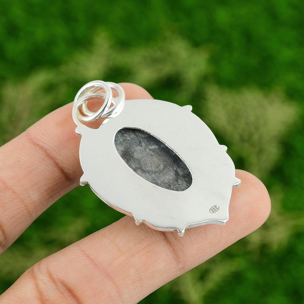 Daughters Day Sale 925 Silver Oval Black Fossil Coral Stone Wife Bezel Pendant