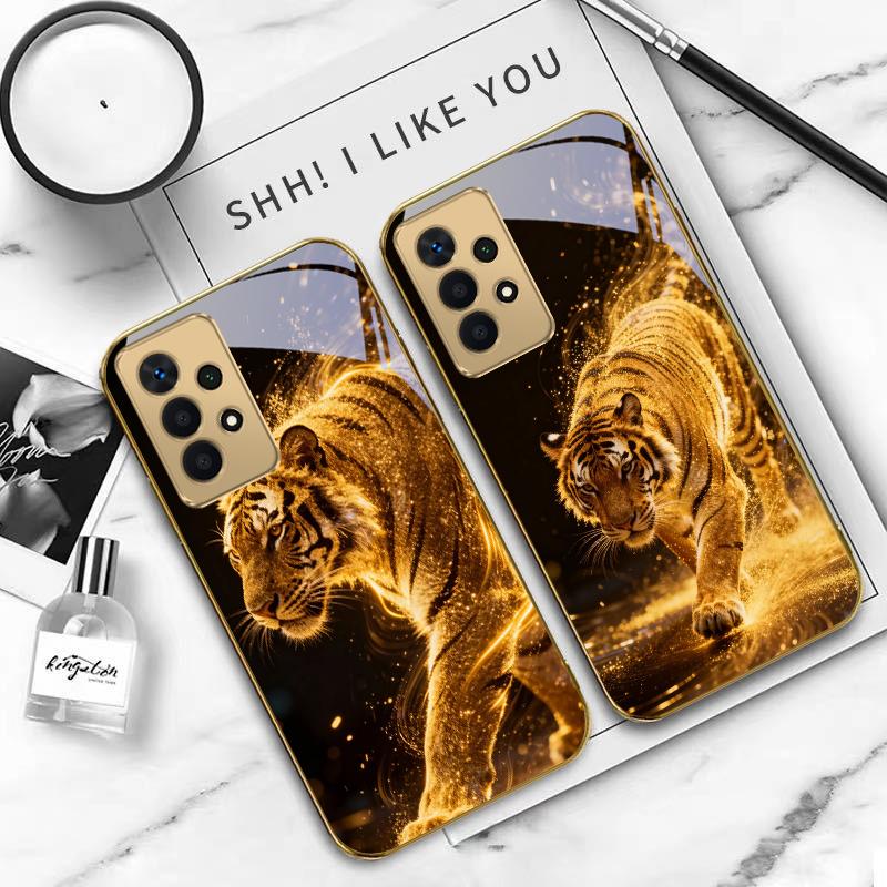 The Tiger of Strength For Samsung A 01 52S A04 A05S A10 A12 A13 22 23 24 36 42 M02 Note 10 20Ultra 8 9 Golden Glass Phone Case