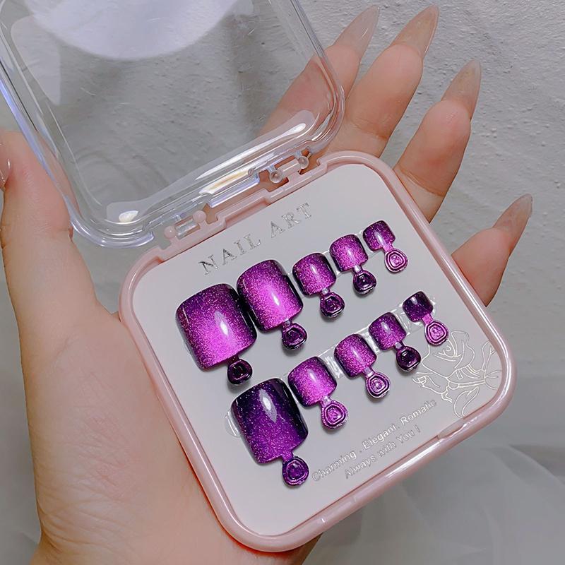 10Pcs/Box  Cat Eye Shining Diamond Toe False Nail Handmade Wearing Armor Short Press On Nails For Toes Faux