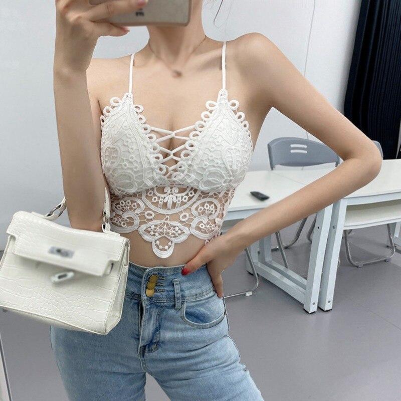 Lace Crochet Camisole With Chest Pad For Women Inner Outer Wearable Deep V Backless Casual Wild Corp Tops