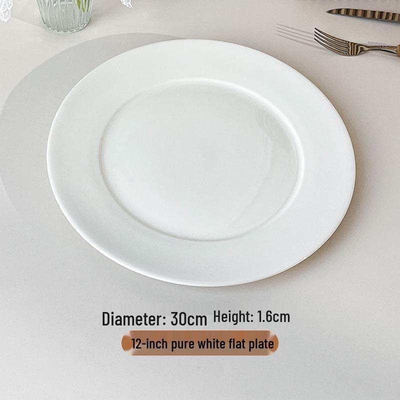 Piatto Rotondo in Ceramica Bianca Pura con Bordo Spesso per Cibo Occidentale e Saltati in Padella