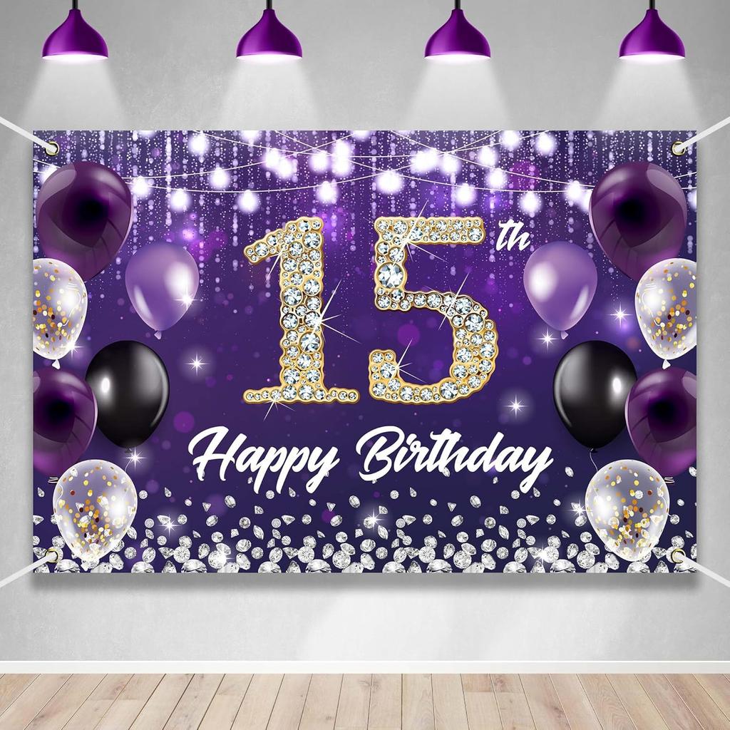 Happy 60th Birthday Backdrop Banner Purple Theme Background with Shiny Diamond Noble Elegant Birthday Party Photo Photography Prop Booth Background