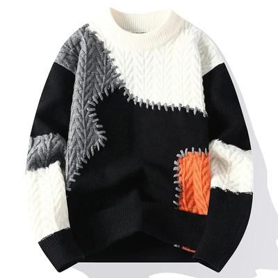 2024 Heren Gebreide Trui Heren Mode Casual Patchwork Pullover Herfst Winter Heren Dikke Warme Ronde Hals Gebreide Heren Hoge Kwaliteit Trui