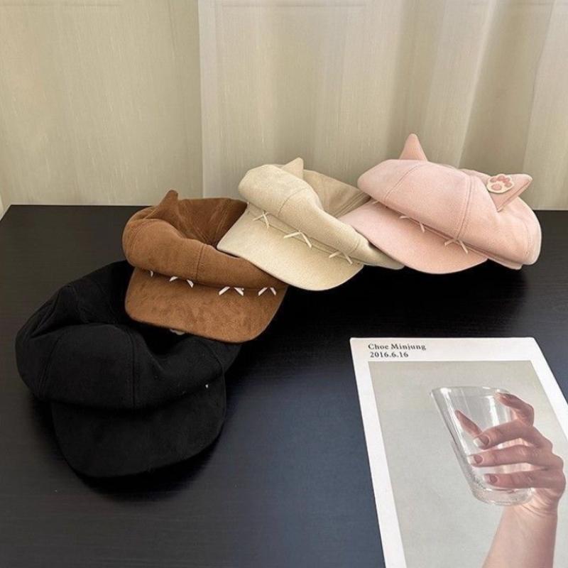 Sweet Bow Design Cute Cat Ear Berets Cap Spring And Autumn Travel Versatile Painter Hats For Woman