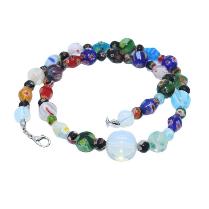 Muranos Style Blown Glass Beaded Necklace for Women Colorful Opal Beads Collarbone Chain Unique Handmade Neck Jewelry