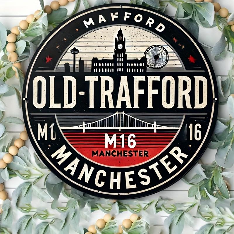 pc Vintage Old Trafford Manchester Metal Sign  Aluminum Wall Decor with Cityscape  M M Manchester Text Ideal 20x20cm(8x8inch)