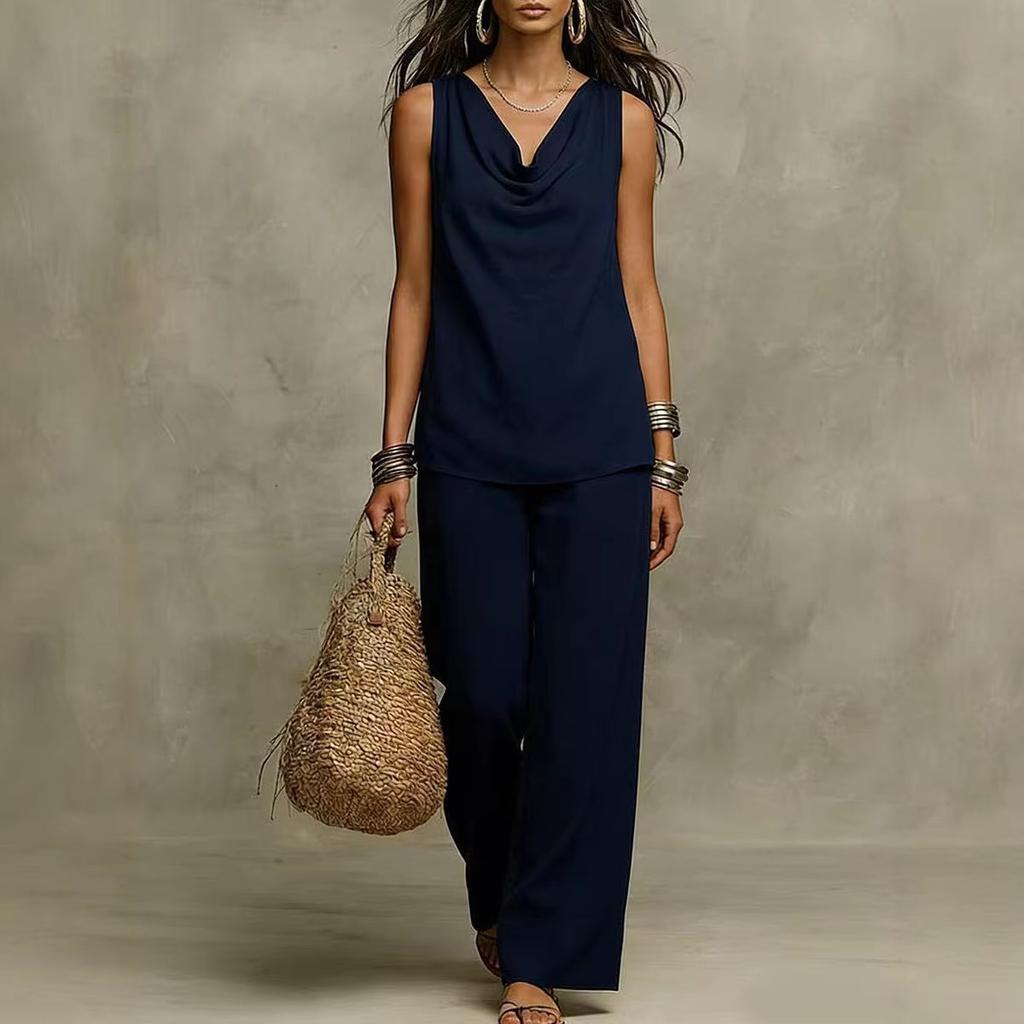2026 Summer European and American New Women's Clothing Amazon Solid Color Casual Suit Cross-border V-neck Women's Top Set New