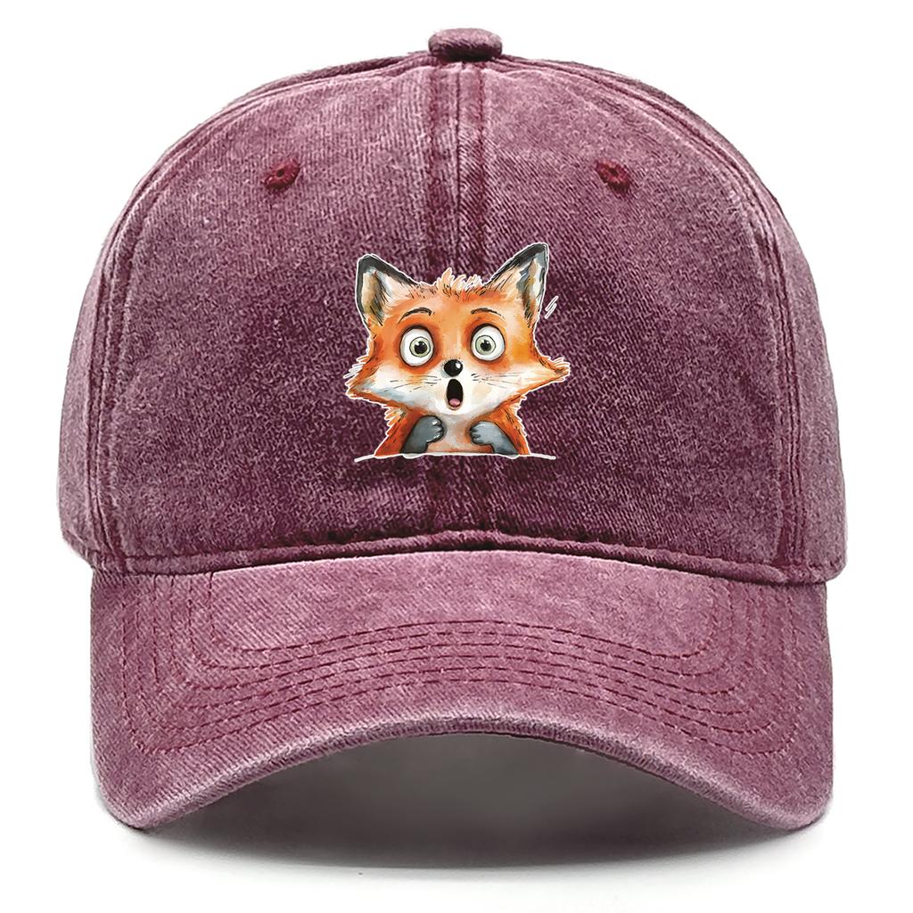 Cute Fox Print Snapback Sun Hat Big-eyed Fox Baseball Hat Washed Cotton Stylish Adjustable Baseball Cap Ideal Choice For Gifts
