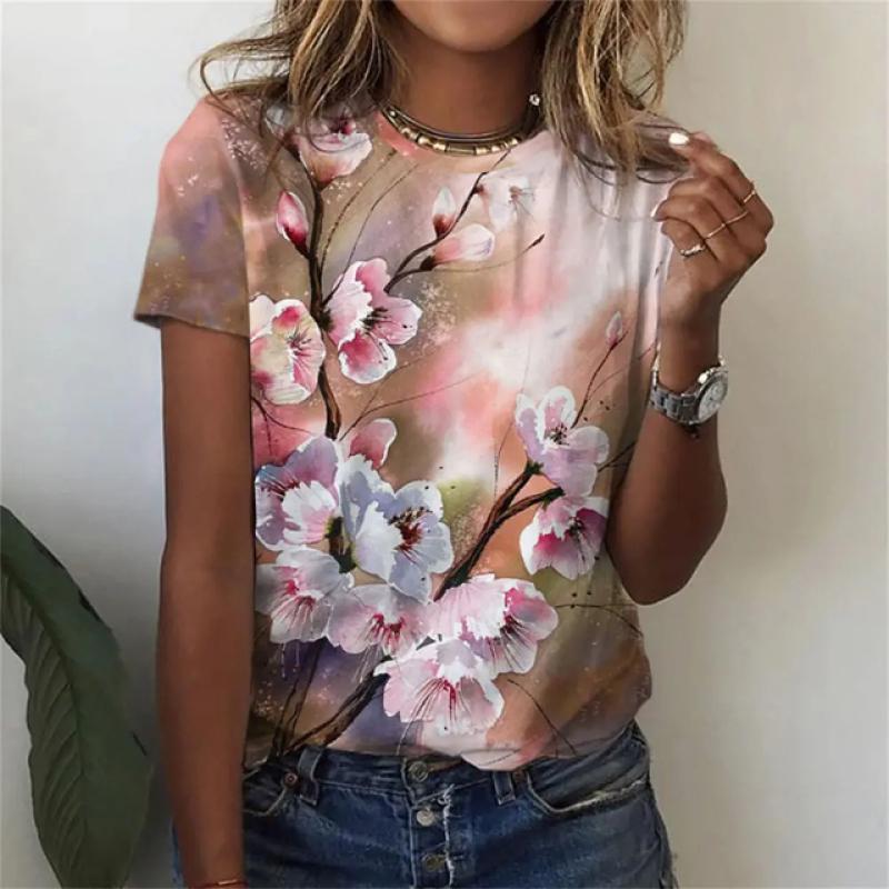 Summer Flower Pattern 3D Printed T-shirt for Women, Round Neck Short Sleeved Casual T-shirt, Harajuku T-shirt, Y2k Top, Women's Clothing
