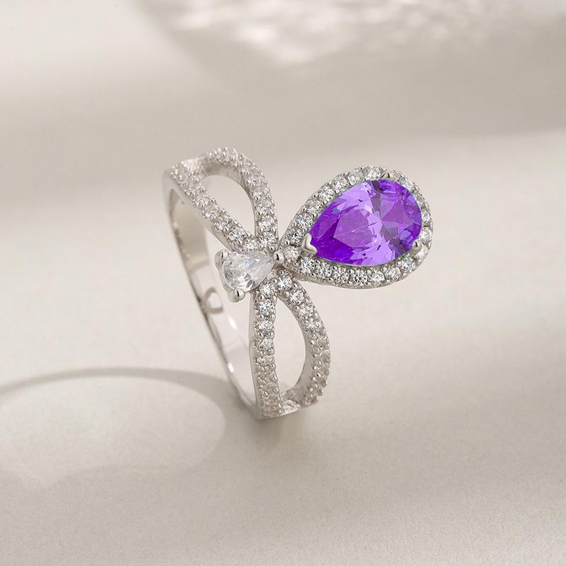 Sterling Silver Pear-Shaped Purple Red Corundum Ring with Blue Zircon and Diamonds for Women