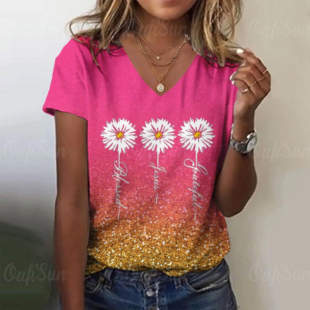 2024 New Women T-shirt Floral Print Shirt Design Plus Size Top Summer Women's Trend Clothing Fashion Short Sleeve V-Neck Tees