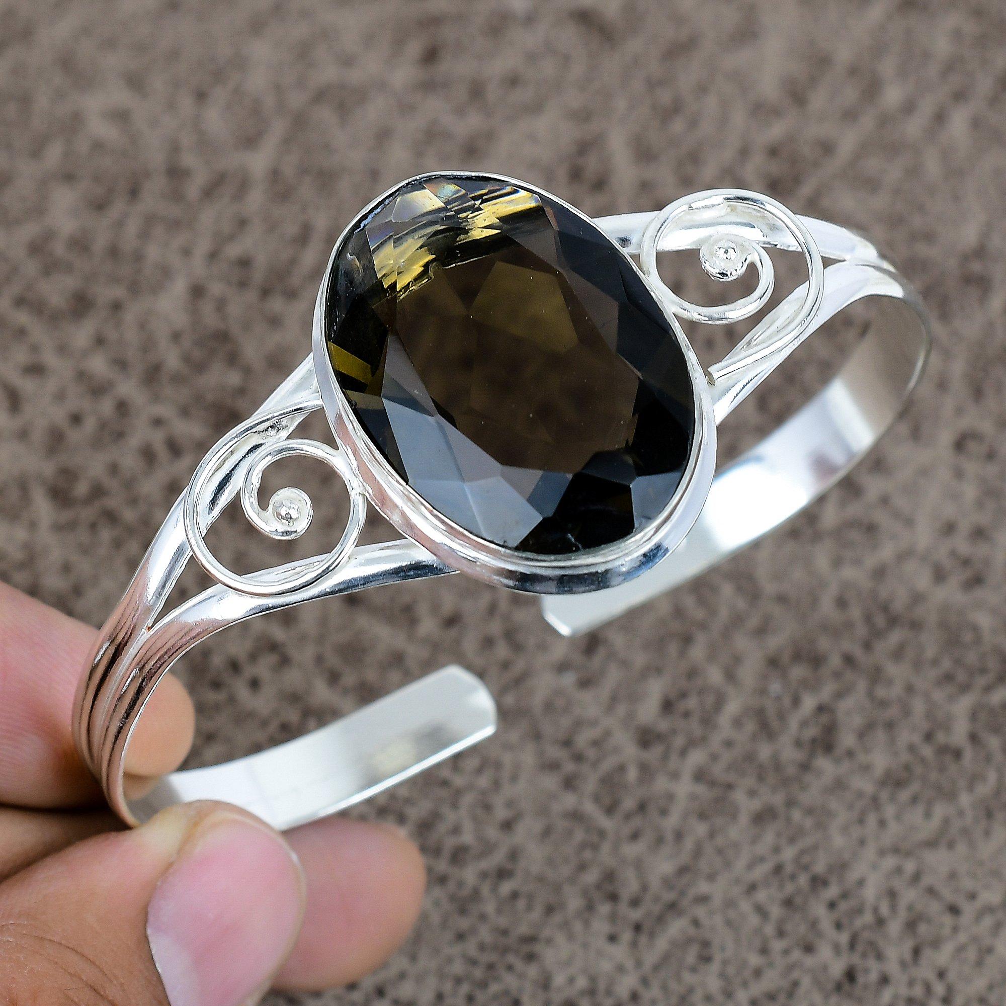

Smoky Topaz Gemstone Handmade 925 Sterling Silver Cuff Bangle Adjustable KKG-267