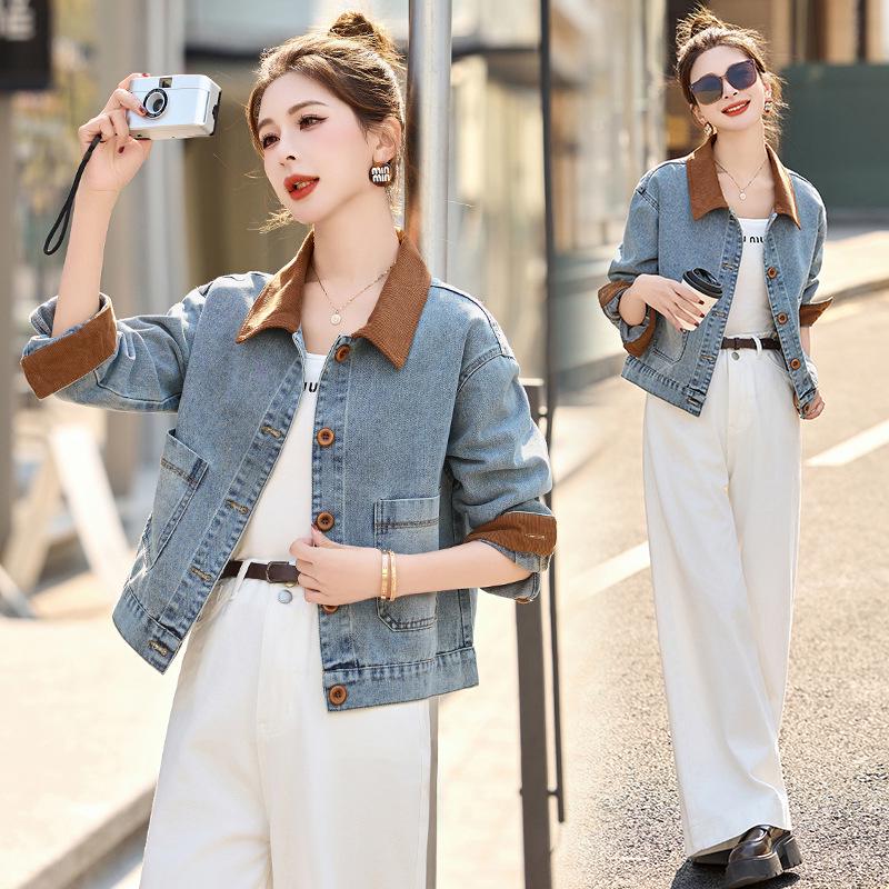 2025 Spring/Fall Retro Color-Block Patchwork Denim Jacket with Turn-Down Collar for Women