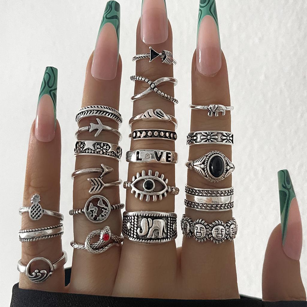 21Pcs/set Silver Color Punk Gothic Eye Butterfly Snake Elephant Rings Set For Women Men Vintage Geometric Finger Rings Jewelry