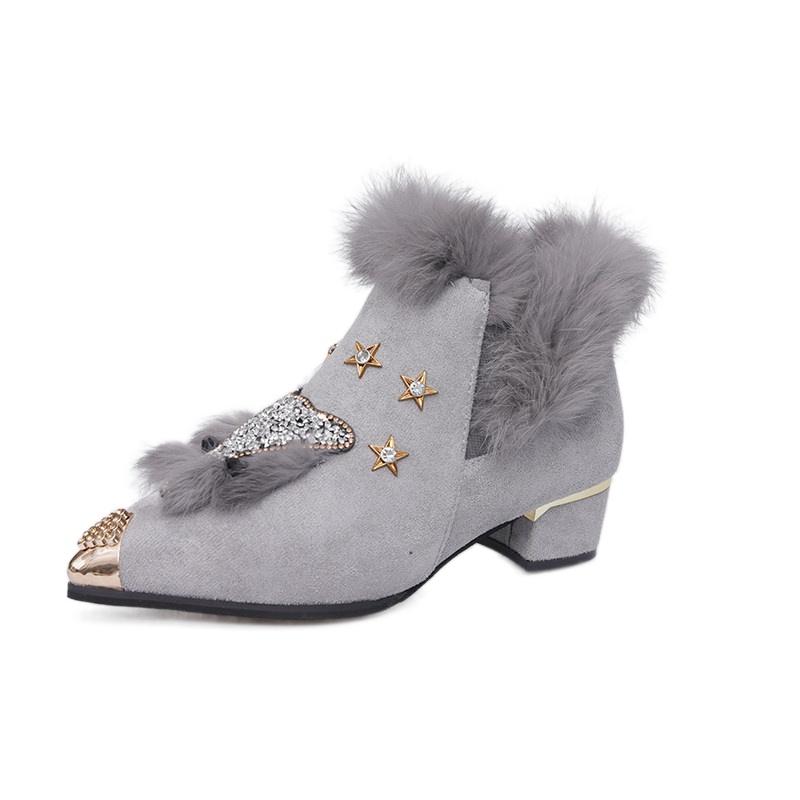 Fashion Winter New Chunky Single Boots Women's Fashion Metal Pointed Suede Sleeve Sequin Non-slip Ankle Boots