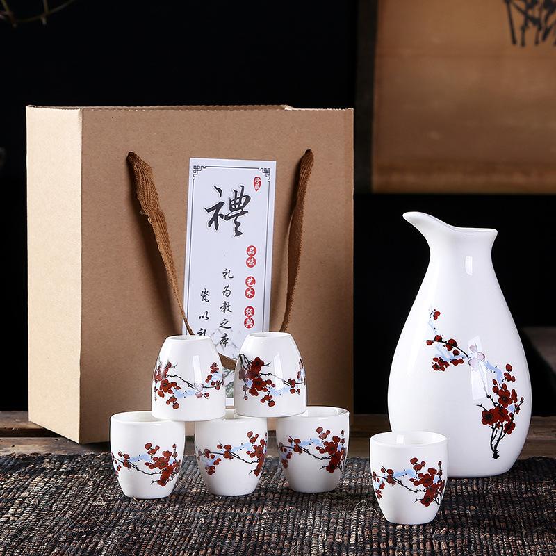 Japanese Sake Set 7 Pieces Sake Set Hand Painted Design Porcelain Pottery Traditional Ceramic Cups Crafts Wine Glasses Gift Box