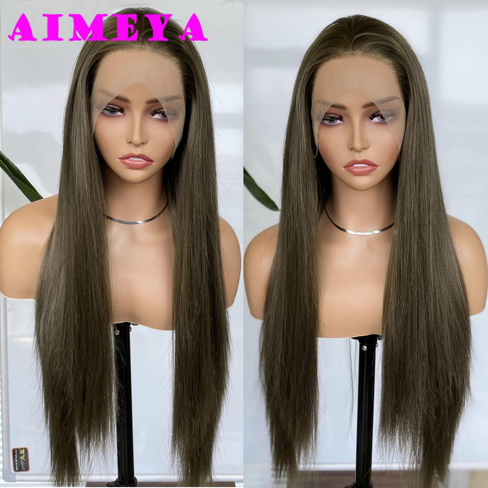 

Greenish Brown Silky Straight Wig Synthetic Lace Front Wig Long Straight Natural Hairline Daily Use Cosplay Heat Resistant Fiber (as the picture,18inches&Lace Front)