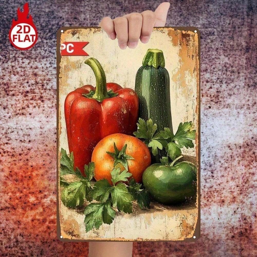 1pc Fresh Vegetables Metal Sign 8x12 Rustic Farmhouse Wall Decor Vintage Bell Pepper Tomato Cucumber Green Apple Tin Plaque