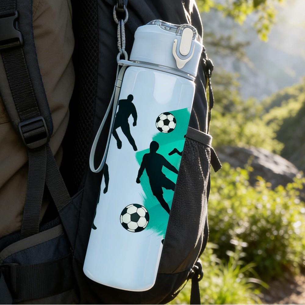 1PC Soccer Player Silhouette Group 750ml Color Plastic Sports Water Bottle Leakproof Flip Straw Lid Suitable for Sports Office Home Use
