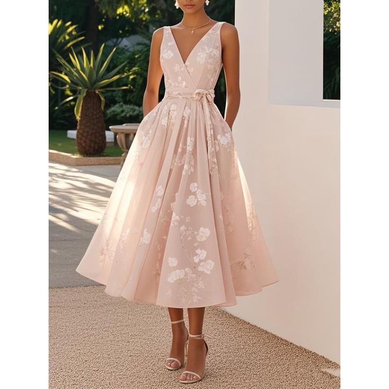 

women s Floral Printed Sleeveless Deep V Neck High Waist Midi Dress Cocktail Evening Party Formal Gown S светло-розовый