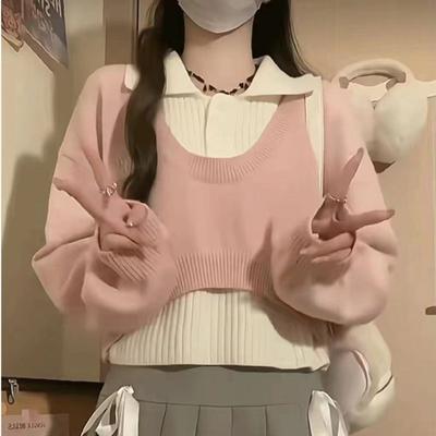 Vintage Two-piece Sweater Women's Japanese Autumn Winter Lapel Long Sleeved Sweaters Preppy Style Knitted Solid Tops