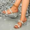 Fashion Elegant Ladies Pearls Pvc Transparent Sandals Slip On Clear High Heels Slippers Woman Square Toe Silver Shoes Sandalias De Mujer